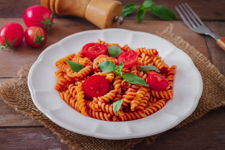 Fusilli pasta with tomato sauce and basilの写真素材