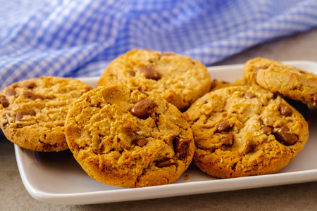 Chocolate chip cookies on white plateの写真素材
