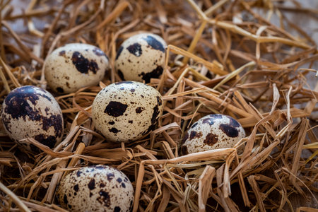 Quail eggs on dry strawの写真素材