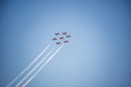 Beautiful formation flight, making hexagon shape flight, by 7  planes during an air show