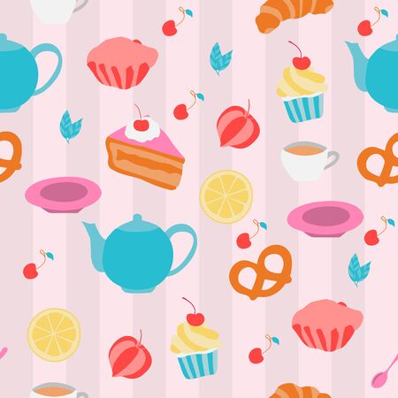  seamless pattern with tea pots, cups, cakes, croissants, and other sweetiesのイラスト素材