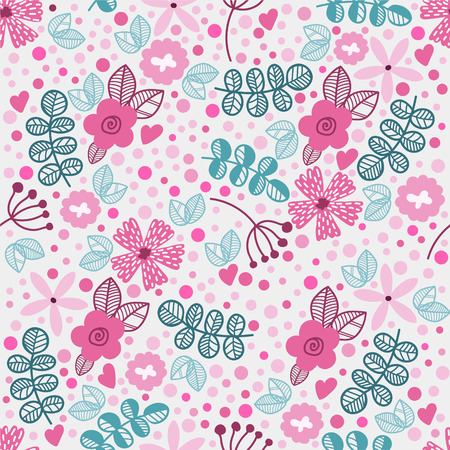 Vector seamless floral pattern in doodle style. Bright pattern with blue and pink flowers, hearts and branches. Background for wallpaper, paper, greeting cards, invitations and tissues.のイラスト素材