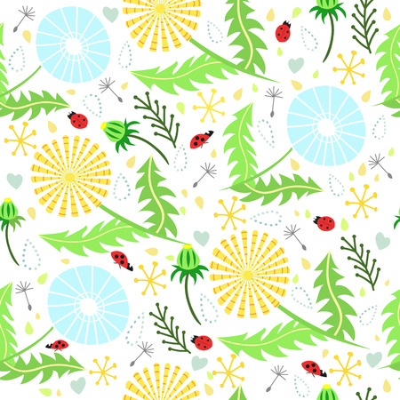 Adorable floral pattern of dandelions, ladybirds, drops and leaves in fresh summer colors.のイラスト素材