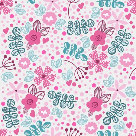 seamless floral pattern in doodle style. Bright pattern with blue and pink flowers, hearts and branches. Background for wallpaper, paper, greeting cards, invitations and tissues.のイラスト素材