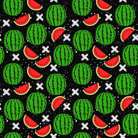 Seamless background with a pattern of juicy whole watermelons and slicesのイラスト素材