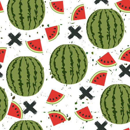 Seamless background with a pattern of juicy whole watermelons and slicesのイラスト素材