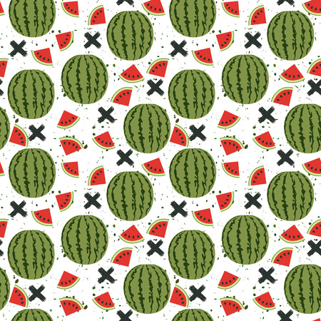 Seamless background with a pattern of juicy whole watermelons and slicesのイラスト素材
