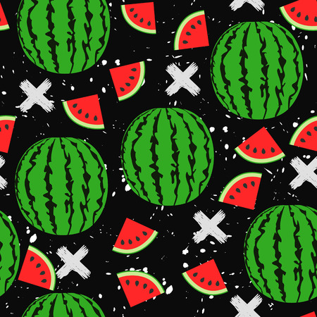 Seamless background with a pattern of juicy whole watermelons and slicesのイラスト素材