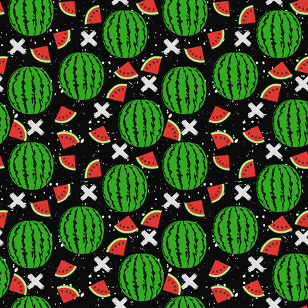 Seamless background with a pattern of juicy whole watermelons and slicesのイラスト素材