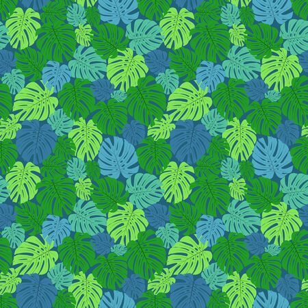 Seamless pattern with green leaves on blue background, vector illustrationのイラスト素材