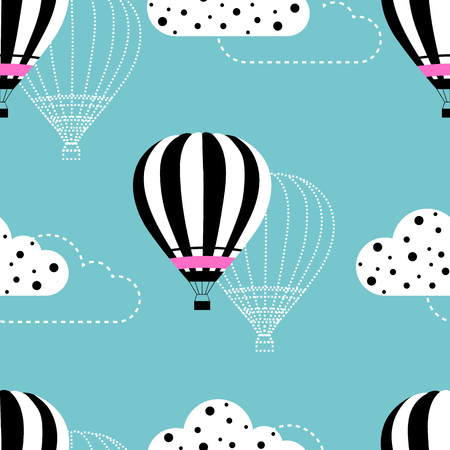 Seamless style hot air balloon, kids illustration background pattern with clouds on the sky. Black and white aerostats. Vectorのイラスト素材