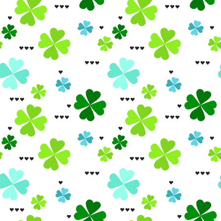 Seamless pattern with four leaf clover leaves with black hearts on the white background for St. Patricks Day. Vector, EPS 8のイラスト素材