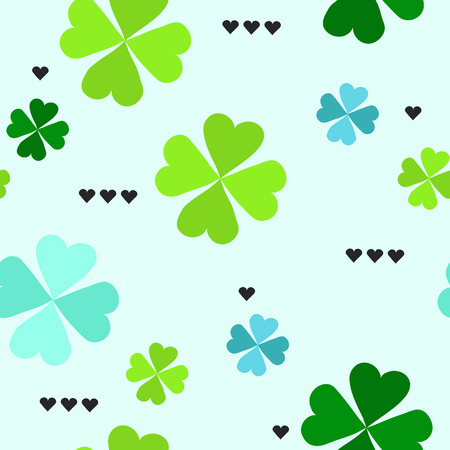 Seamless pattern with four leaf clover leaves with black hearts on the white background for St. Patricks Day. Vector, EPS 8のイラスト素材