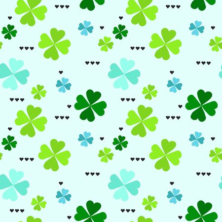 Seamless pattern with four leaf clover leaves with black hearts on the white background for St. Patricks Day. Vector,のイラスト素材