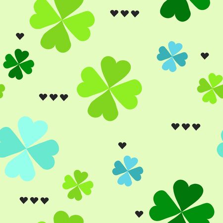 Seamless pattern with four leaf clover leaves with black hearts on the white background for St. Patricks Day. Vector,のイラスト素材