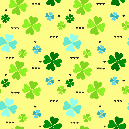 Seamless pattern with four leaf clover leaves with black hearts on the white background for St. Patricks Day. Vector, EPS 8のイラスト素材