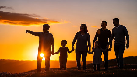 A diverse multi-generational family, including parents, children, and grandparent, enjoy an evening stroll outdoors, holding hands and smiling under a golden sunset.の素材