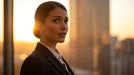 A professional woman in business attire, illuminated by the warm golden glow of a city sunset through a window. Her thoughtful gaze conveys confidence and modern success.の素材