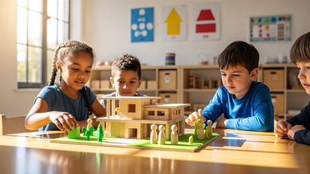 Diverse group of happy young kids engaged in a creative building activity with a wooden toy house in a bright preschool classroom or daycare.の素材