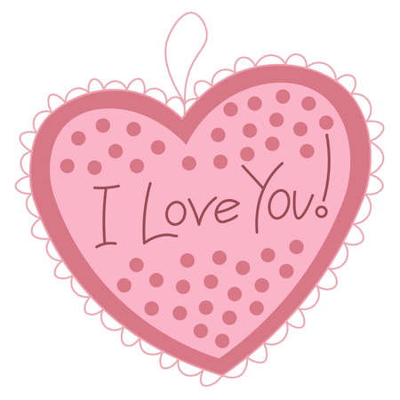 Vector drawing of pink heart-shaped valentine with openwork edge and "I love you" text written on top. Romantic cartoon illustration for Valentine's Day, engagement, wedding.のイラスト素材