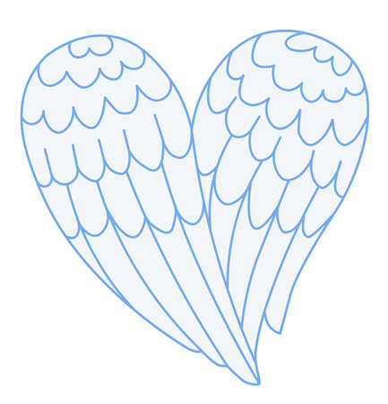 Vector drawing of a two white folded angel wings forming a heart shape together. Romantic cartoon illustration for Valentine's Day, engagement, wedding.のイラスト素材