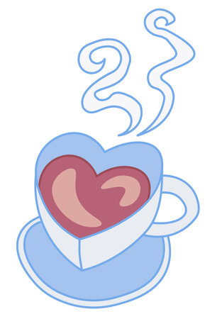 Vector drawing of a white heart-shaped mug of hot drink with jets of steam over. Romantic cartoon illustration for Valentine's Day.のイラスト素材