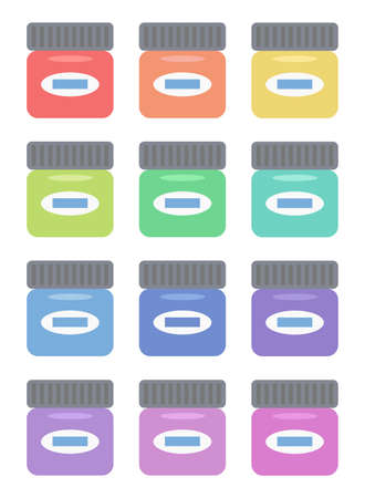 Vector set of colorful pallette of small paint jars in flat style. Collection of painting supplies. Art tool illustration.のイラスト素材