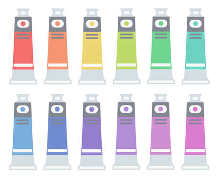 Vector set of colorful pallette of small oil paint tubes in flat style. Collection of painting supplies. Art tool illustration.のイラスト素材