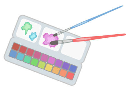 Vector drawing of open watercolor palette box, two paint brushes and colored stains in flat style. Art tool illustration. painting supplies.のイラスト素材