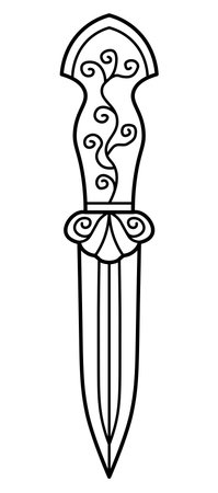 Outined vector drawing of ornamented fantasy dagger with spiral crossguard and ivy plant on grip. Medieval styled knife. Graphic illustration for card poster, banner.のイラスト素材