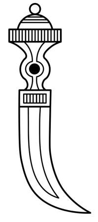 Outined vector drawing of ornamented fantasy dagger with inlay on curved grip and curved blade. Medieval styled knife. Graphic illustration for card poster, banner.のイラスト素材