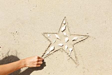 Starfish, seashells on the sand. Creative top view. Copy space. Childrens hand creates a drawing...