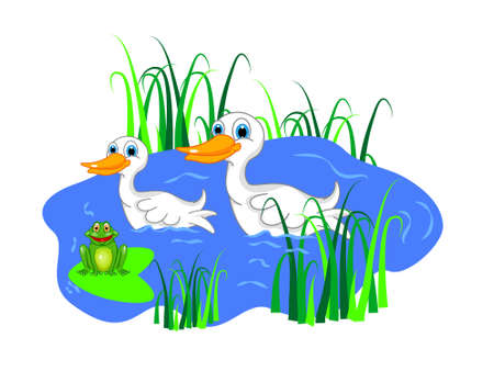vector pond with two ducks and frogのイラスト素材