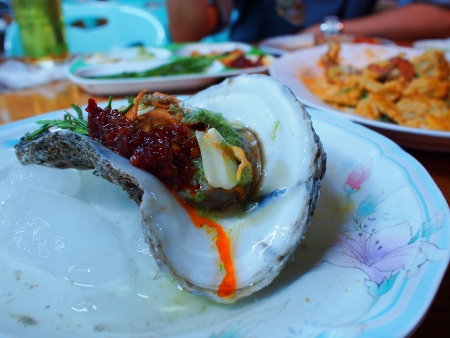 Eating raw oysters with lemon, garlic, herbs and chilli burn の写真素材