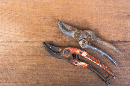old gardening tool on table wood