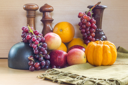 Still life with a cup of fruitの写真素材