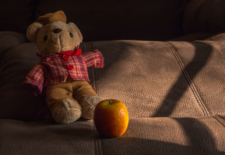 still life of cowboy bear and apple on vintage leatherの写真素材