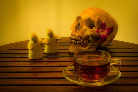 still life with skull and twin doll on tea timeの写真素材