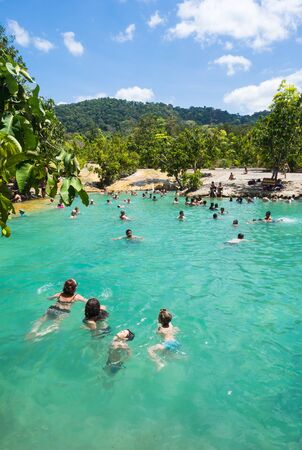 KRABI,THAILAND- FEBRUARY 28: ,Many tourists to swimming playfully during the high season in emerald pond on 28 February 2015 at Krabi,Thailandのeditorial素材