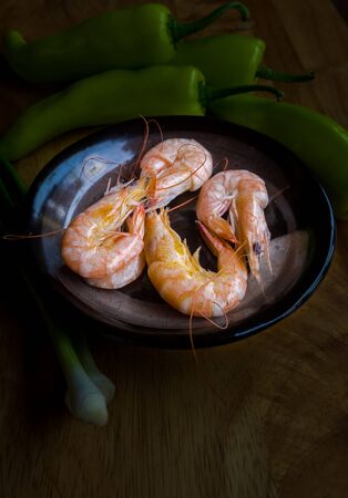 Steamed shrimp with vegetable,focus and light at shrimpの写真素材