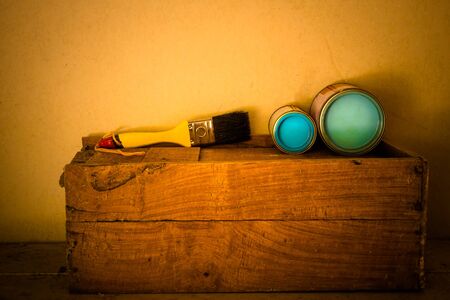 still life with paint brush tools on grunge backgroundの写真素材