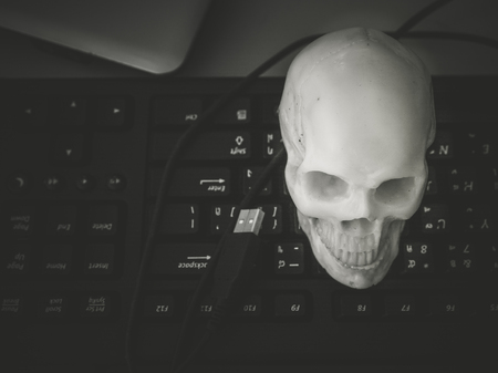 Still life with skull on keyboard , Concept work hardの写真素材
