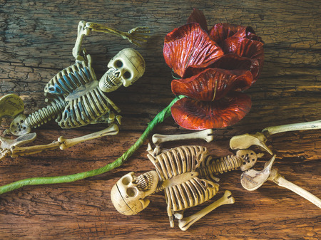 Still life with human skull on wooden background ,Love conceptの写真素材