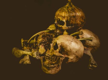Still life with group of human skull and candle light on dark backgroundの写真素材