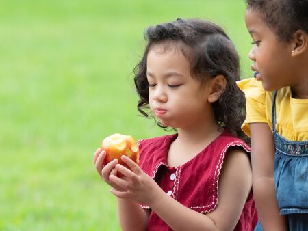 A group of young children of many nationalities play and eating fruits outside of school to enjoy...