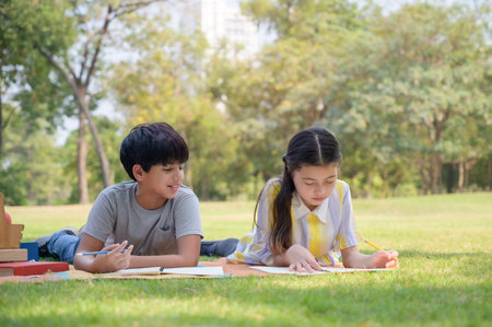 A half-Thai Indian boy and a half-Thai-European girl friend wrote in a notebook, During learning outside of school in the parkの写真素材