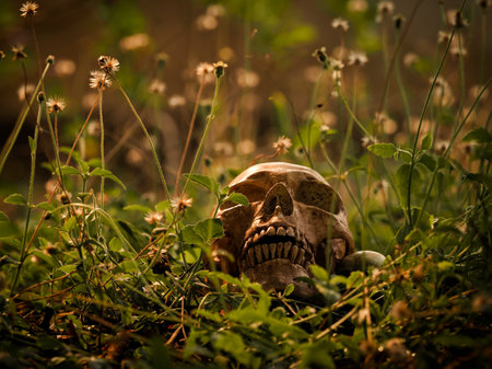 The still life of a long deceased human skull, located in the middle of a forestの写真素材