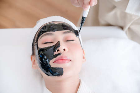Professional masseuses in spa salons use spa mud brushes to give Asian beauties facial treatmentsの写真素材