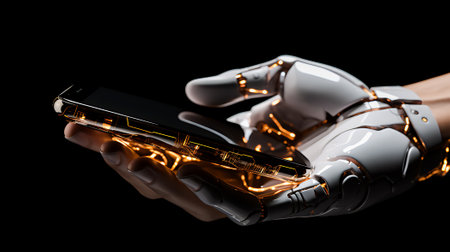 Cyborg hand holding a mobile phone in the futureの素材