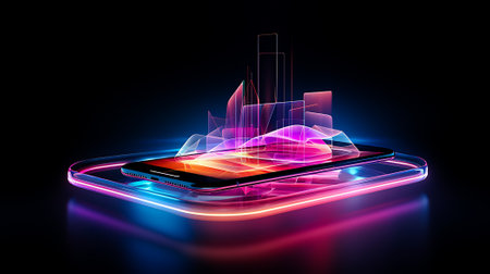Future mobile phone showing on dark neon backgroundの素材